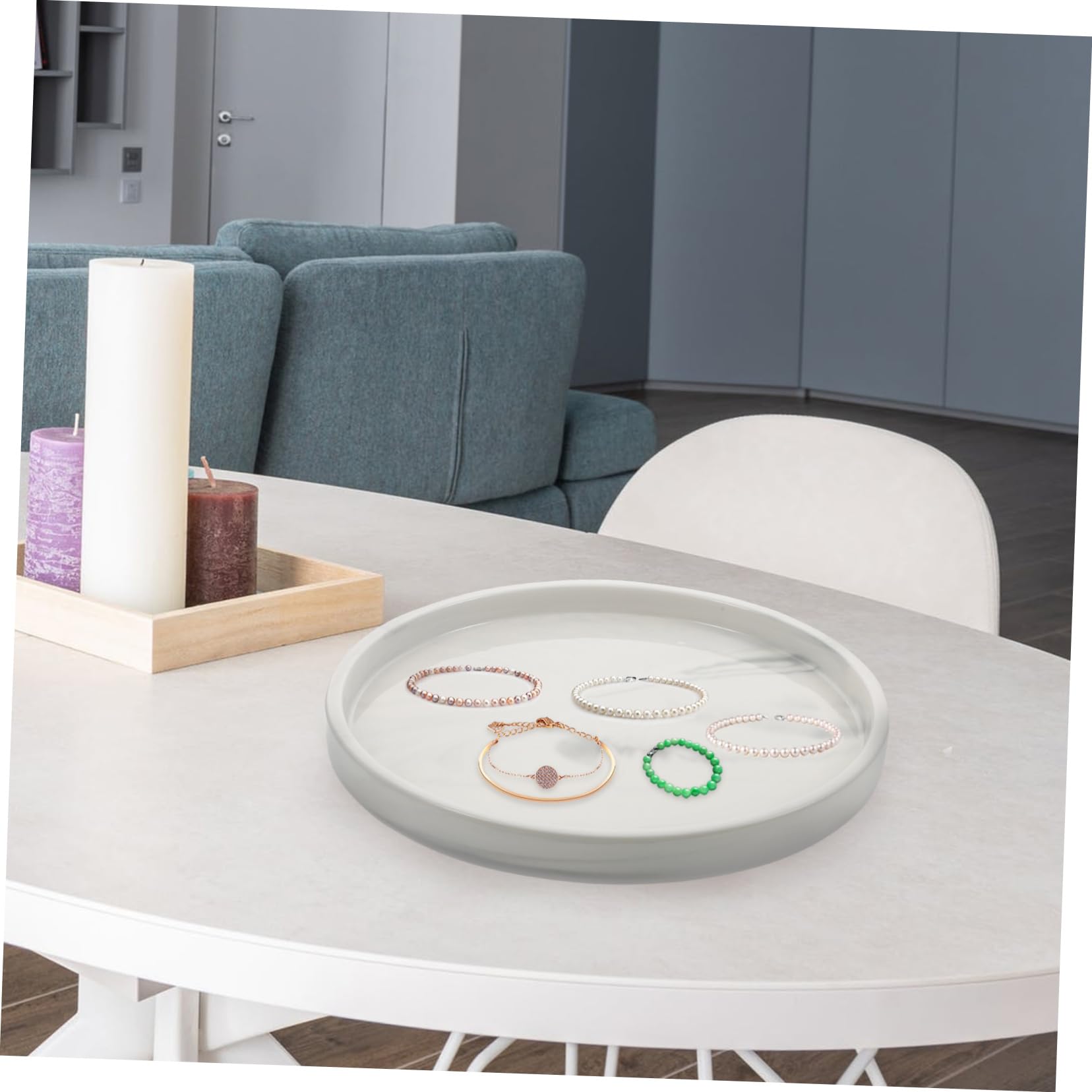 BESTYASH Vassoio Portagioie in Ceramica con Motivo Marmorizzato, Facile da Pulire, Diametro 25cm, per Conservazione e Esposizione di Gioielli e Braccialetti