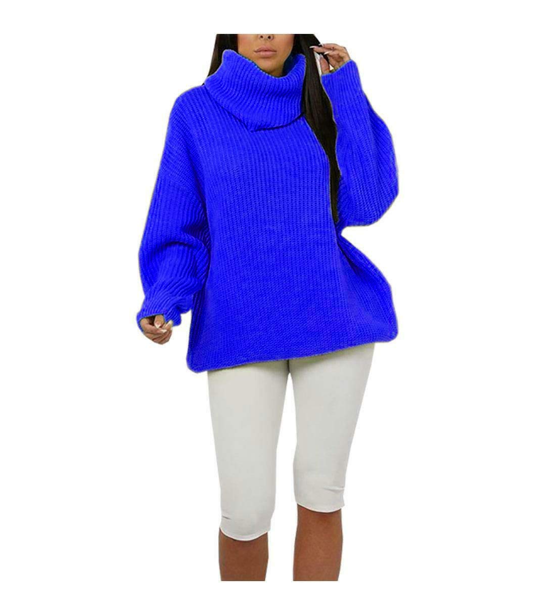 DigitalSpot Ladies Fluorescent Polo Roll High Neck Sweater Womens Chunky Knitted Jumper Royal Blue Medium-Large UK 12-14