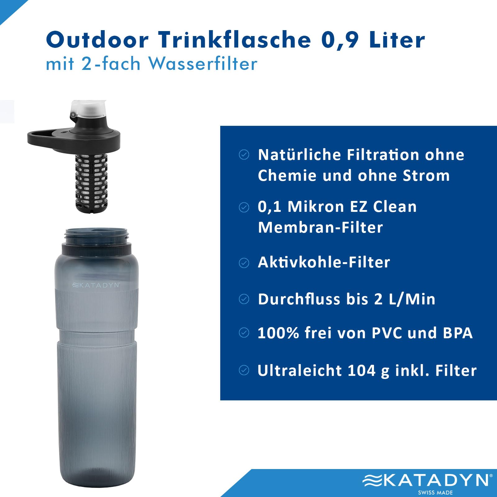 Katadyn BeFree AC Bottle 0.9L Outdoor Trinkflasche mit 2-fach Wasserfilter ultraleicht | Hohlfaser und Aktivkohle | Camping Wandern Fahrrad Trekking Reisen | BPA-frei