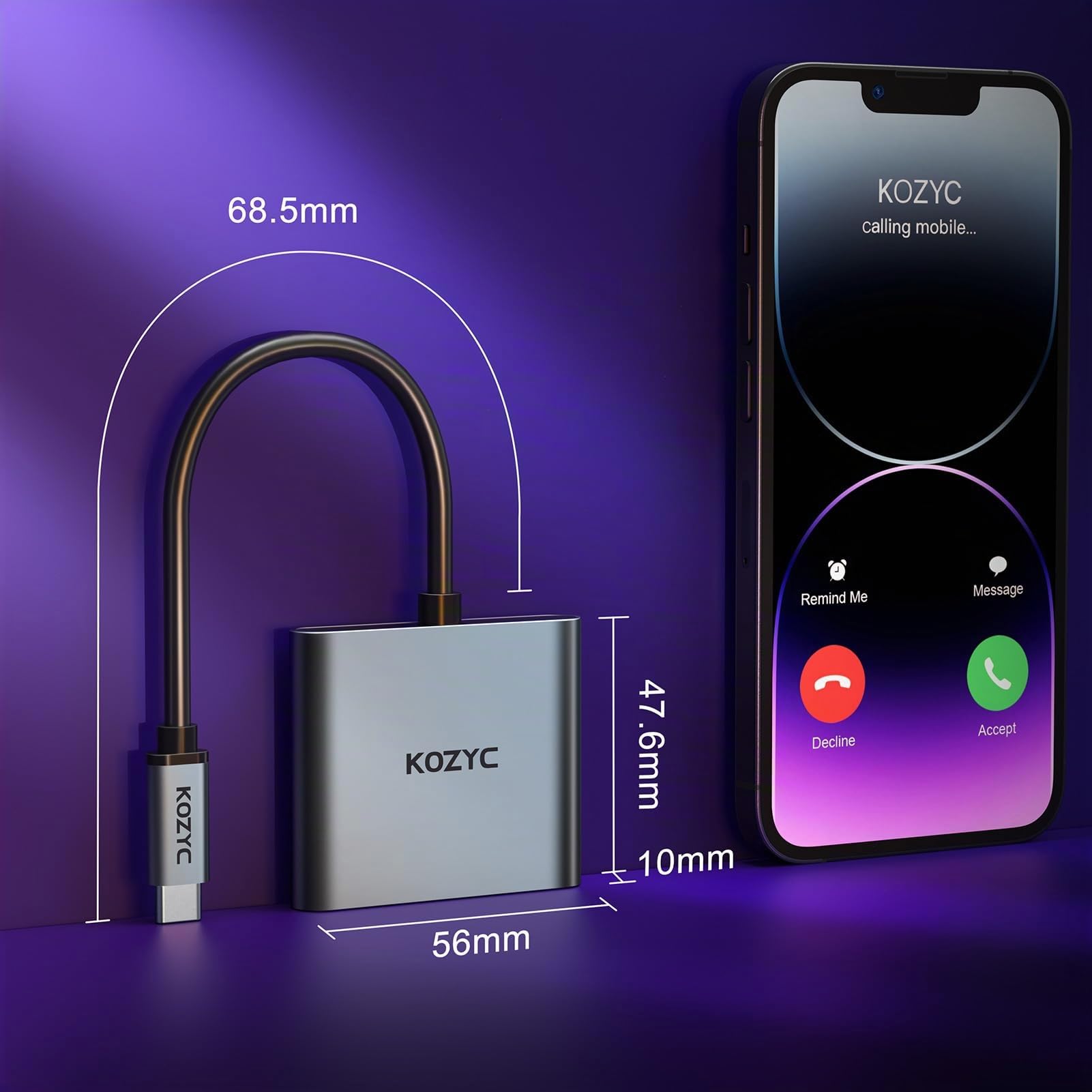 KOZYC Adattatore da USB C a doppio HDMI, 4K a 60 Hz, splitter da tipo C a HDMI, display esteso per MacBook/MacBook Pro Air Dell XPS13/15, Samsung Galaxy S9/S9+ (MST supporta solo Windows OS)