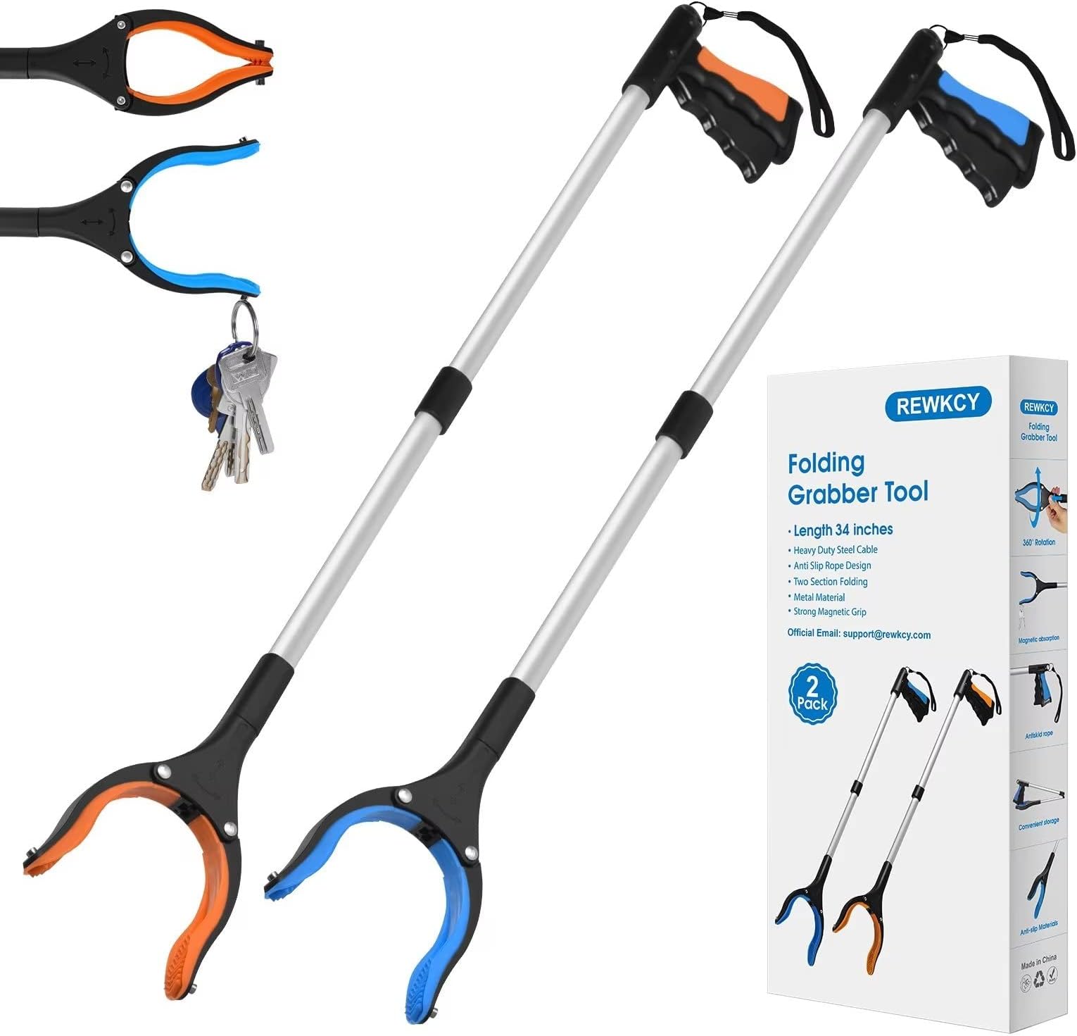2 Pack 34" Long Grabber Tool, Foldable Grabbers for Elderly Grab It Reaching Tool with Rotating Jaw +Magnets, 4" Wide Claw Opening Reacher Grabber Pickup Tool, Grabber Reacher Tool Heavy Duty