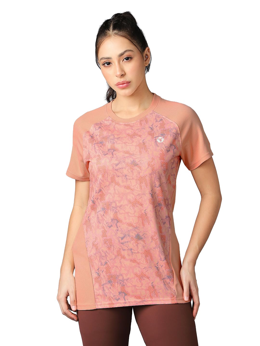 Women Abstract Print Round Neck Sports T Shirt TECHNOCOOL+ UPF50+ Polyester Raglan Sleeve Tshirt for Women Gym Running Workout Quick Dry-image-3
