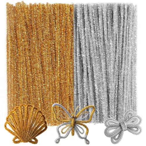 Caydo 200 Stück glitzernde goldene und silberne Pfeifenreiniger dicke flauschige Chenille-Stiele Pfeifenreiniger Basteln für Kunst und Handwerk perfekt für die Herstellung von Tieren Blumen und