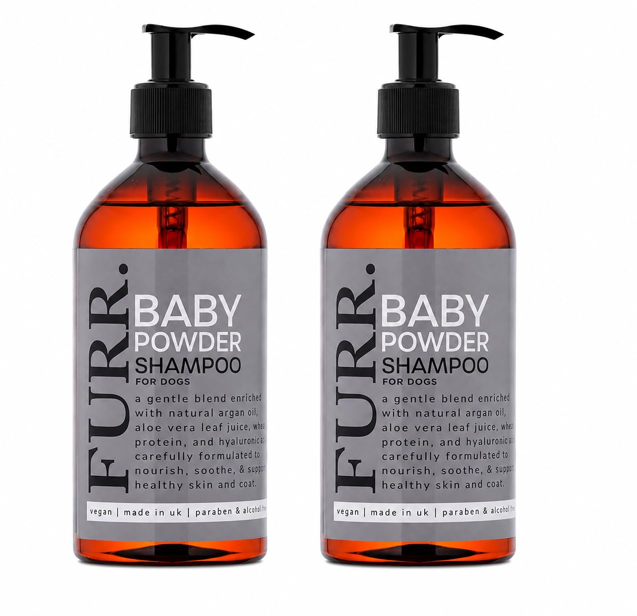 FURR Baby Powder Dog Shampoo 2 x 500ml – Gentle Puppy & Dog Shampoo with Argan Oil, Aloe Vera & Hyaluronic Acid – Naturally Derived, Vegan, Cruelty-Free – Fresh Baby Powder Scent for Sensitive Skin