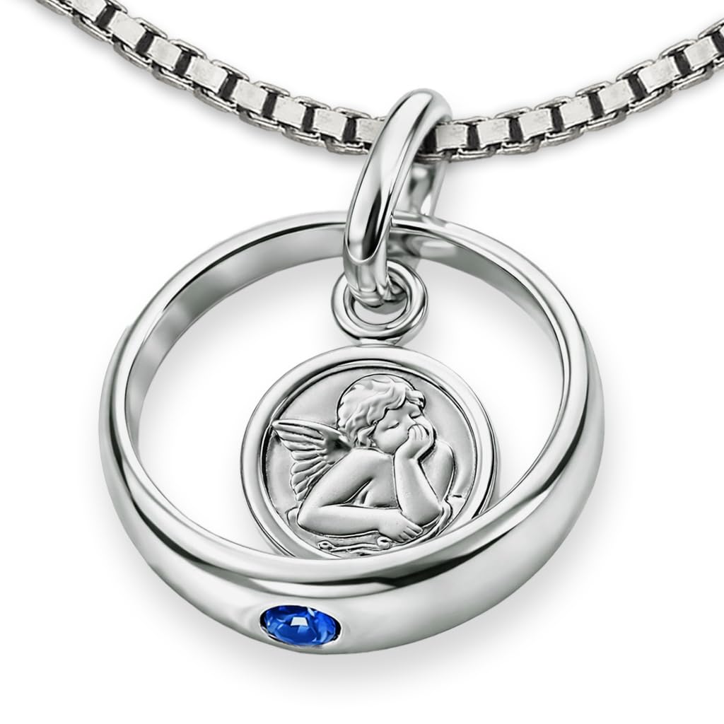 Clever Schmuck Argentata Battesimo Anello Angelo in Argento 925 e Zaffiro Blu Forma Rotonda con Catena Venezia 36 cm