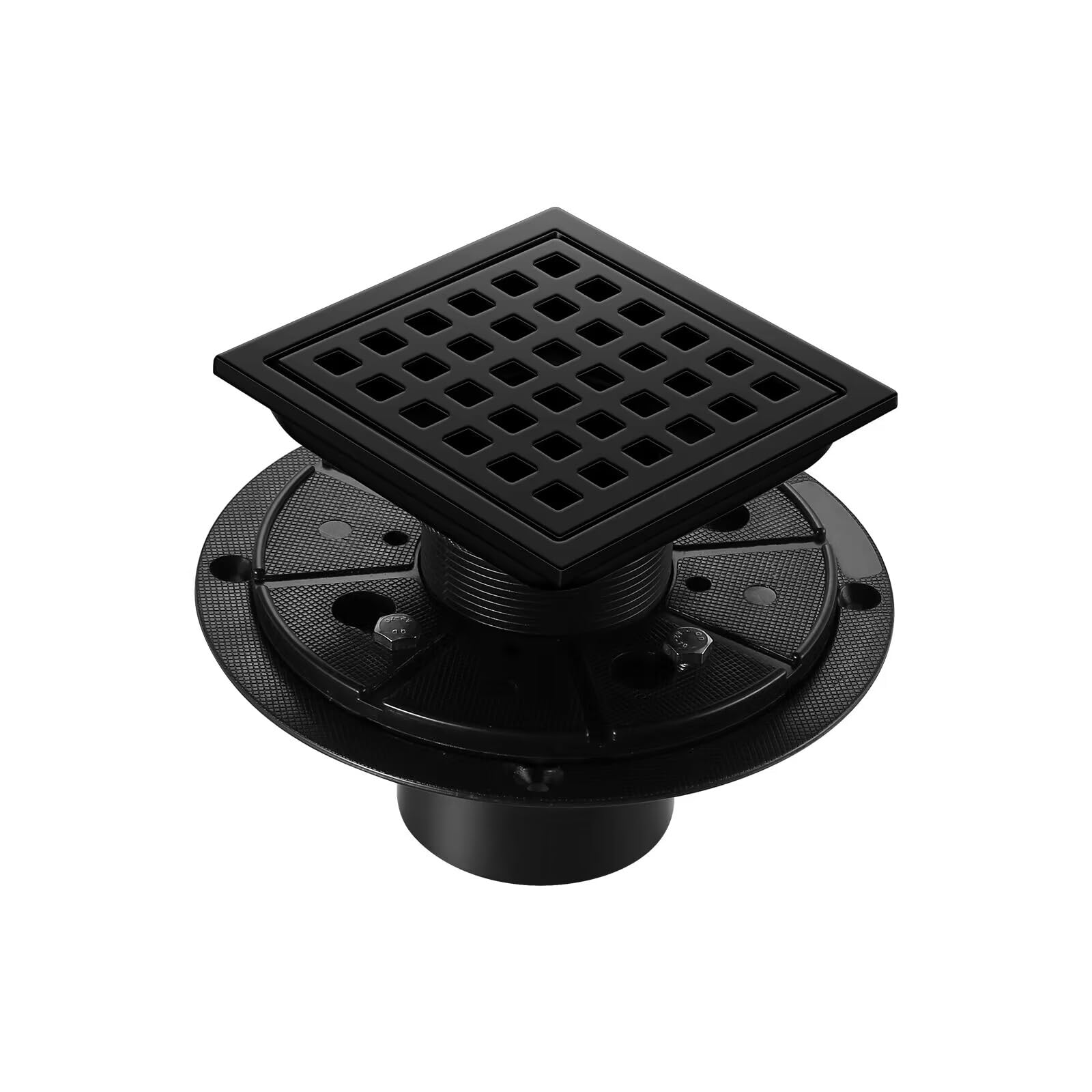 Shower Drain, Matte Black 4 inch Square Shower Floor Drain with Flange, Removeable Grid Panel SUS 304 Stainless Steel Square Shower Drain