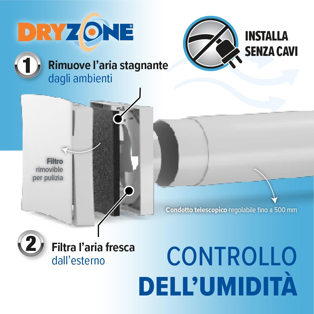 Dryzone® Sistema di Ventilazione Passiva con Filtro (100 mm, Bianco) | Griglia di Aerazione da Parete con Flusso d'Aria Regolabile | Riduce Condensa e Muffa | Condotto Telescopico | Senza Collegamento