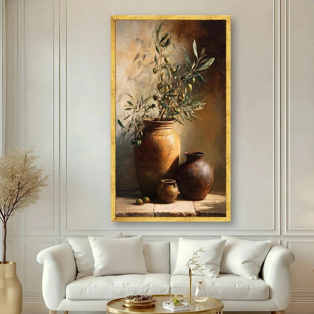 GOSRD Rustic Canvas Prints Olive Branch, Still Life Wall Art Terracotta Vase Home Living Room Decor(55X110cm/Frameless)