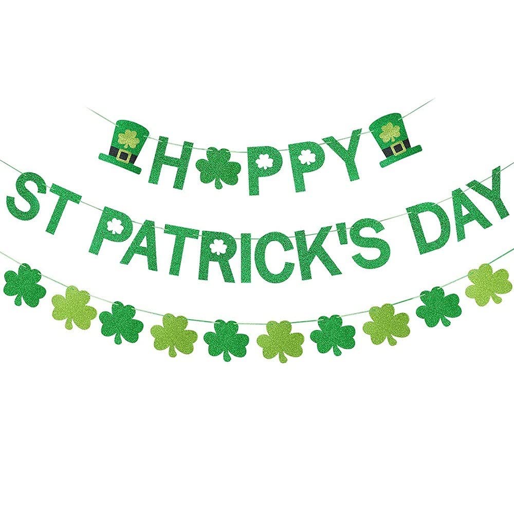 Happy St. Patrick's Day Banner and Shamrock Banner, Green Glitter Saint Patrick's Day Garland with Shamrock Leprechaun Hat Signs Saint Patty's Day