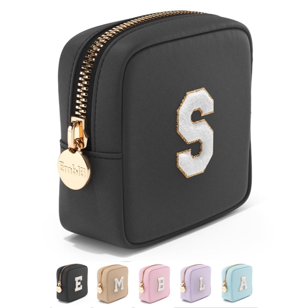 Embla Preppy Makeup Bag Travel Cosmetic Pouch, Cute Make up Case with Personalized Initial, Girls Zipper Pouch Purse Cosmetics Organizer Tote,