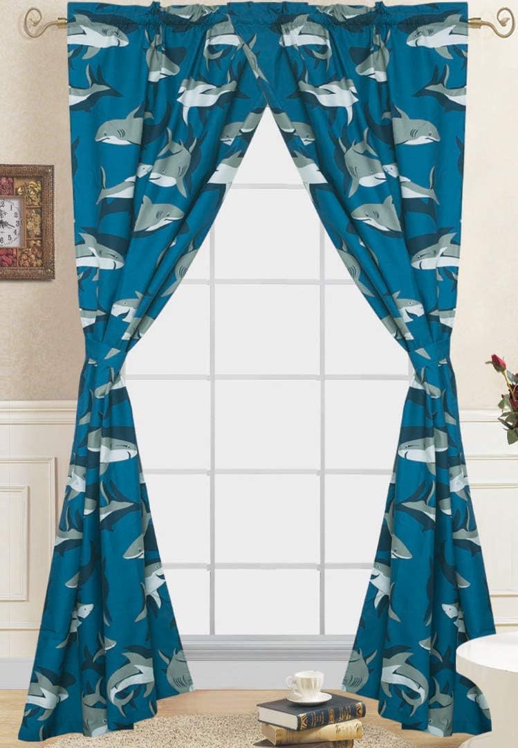 Mb Collection 4 Pieces Grey Blue Shark Kids Window Curtains Set &Tie Back