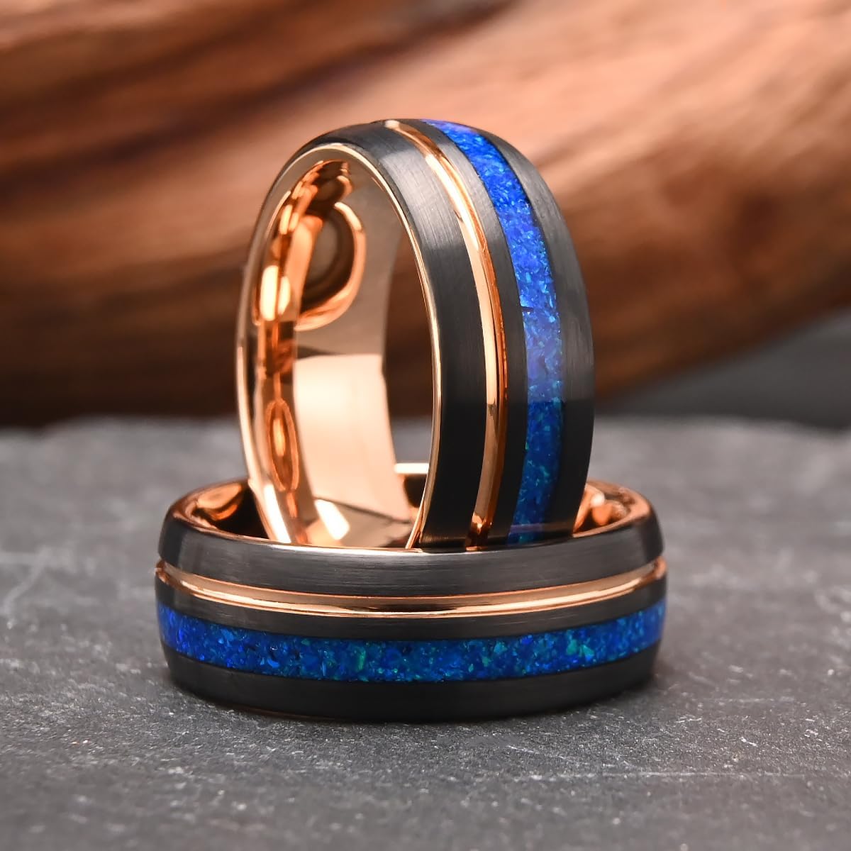 Tungsten Carbide Rings for Men Women 8mm Men's Engagement Wedding Bands Rose Golden Grooved Inlaid Blue Opal Matte Brushed - Image 4