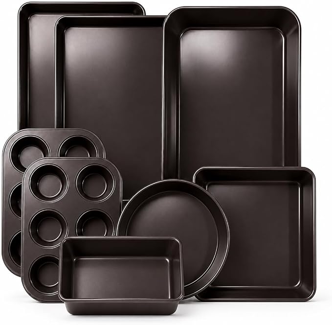 Nonstick Bakeware Set 8 Piece - Stackable Baking Pan Set, Oven safe 450°F, Carbon Steel Baking Set with Muffin, Loaf, Cookie Sheets & Roaster, Easy Storage, BPA-Free (Dark Brown)