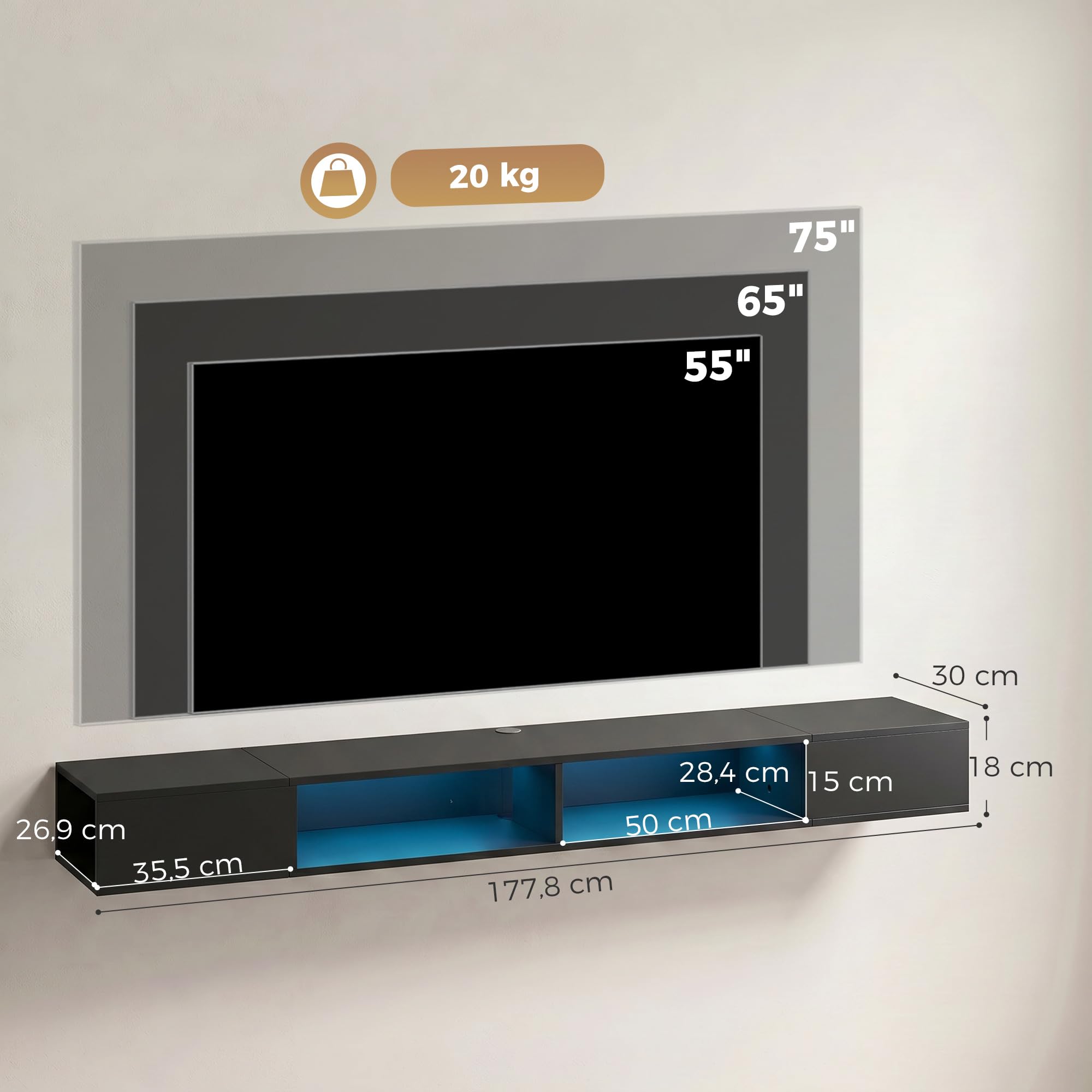 HOMCOM Mobile TV sospeso 180 cm con LED RGB per TV da 75 pollici, nero | Mobile TV, Ripiani aperti, Panca TV a parete per soggiorno