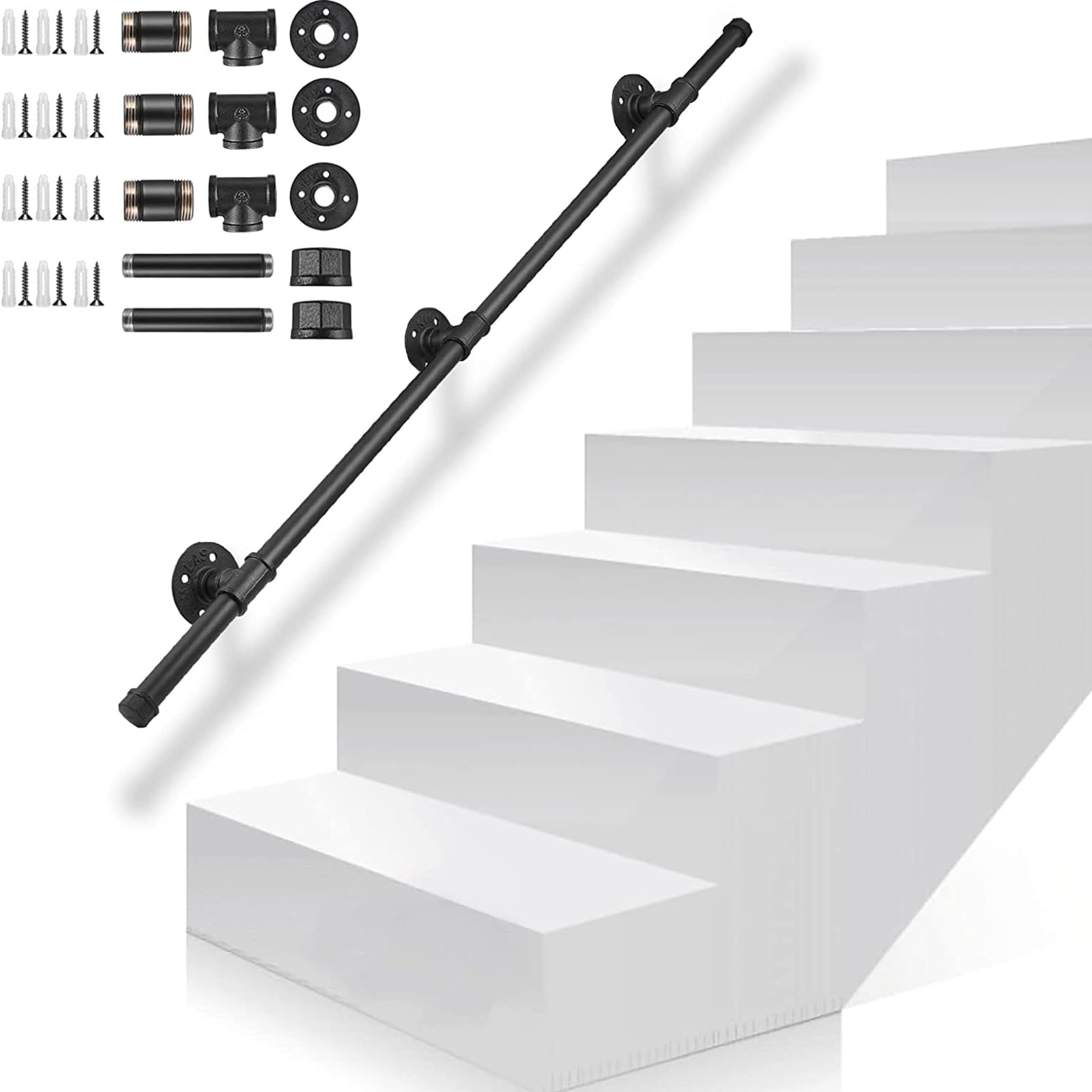 TANiCE Corrimano Per Scale In Acciaio Zincato Nero – Passamano Da 1,5 M Per Interni Ed Esterni, Antiscivolo, Staffe E Flange Incluse, Montaggio Facile