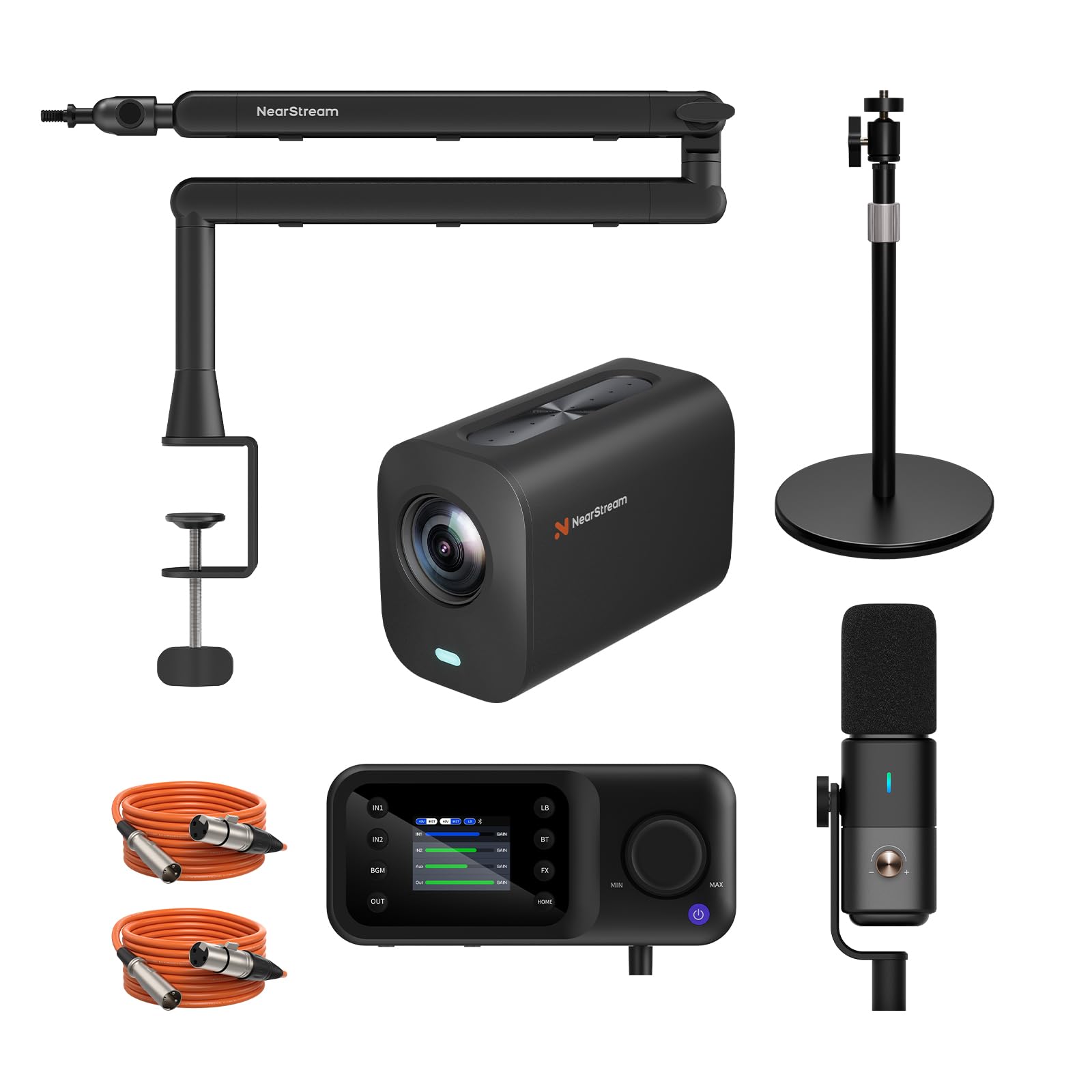 NearStream PodPro Solo Podcast Kit Podcast con 1 VM20 4K Streaming, 1 microfono AM25X, 1 braccio boom ST20, 1 mixer audio AMIX40U, 1 treppiede per fotocamera e 2 cavi XLR, per live stream/podcast