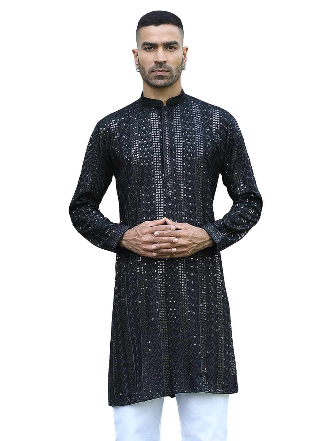 kraft india Men Silk Rayon Ethnic Motifs Embroidered Mandarin Collar Sequinned Kurta-picture-16