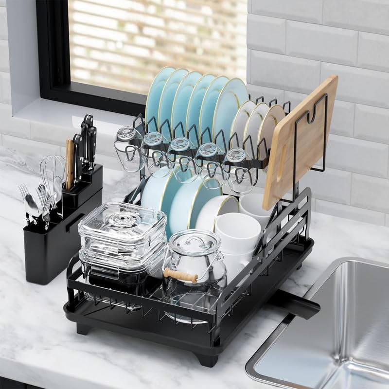 Dazzluxe Estante de Dish Escurreplatos, Escurre Platos De 2 Niveles para Encimera De Cocina, Escurridor De Platos Plegable con Soporte para Utensilios, Tazas Y Caño Giratorio, Negro
