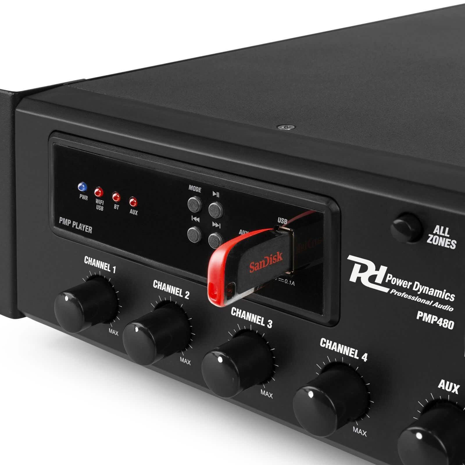 Power Dynamics PMP480 Amplificatore 100 V 6 Zone - 480 Watt, 4 canali, 70 V/100 V, 4-16 Ohm, ingresso Micro RJ45, alimentazione fantasma, ideale per suonare un negozio, centro commerciale
