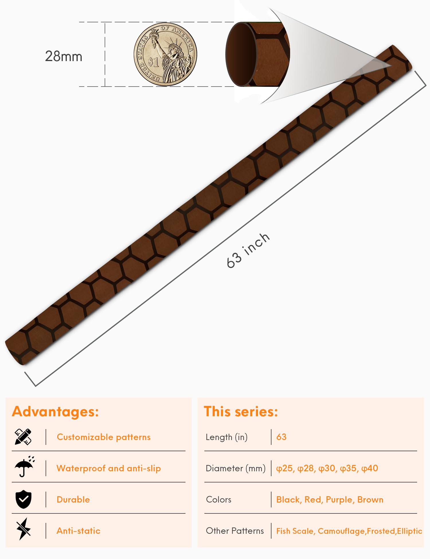 Accering Gaine thermorétractable à motif nid d'abeille absorbant la transpiration pour canne à pêche et outils d'électricien (φ28 mm, longueur : 15 m, marron)