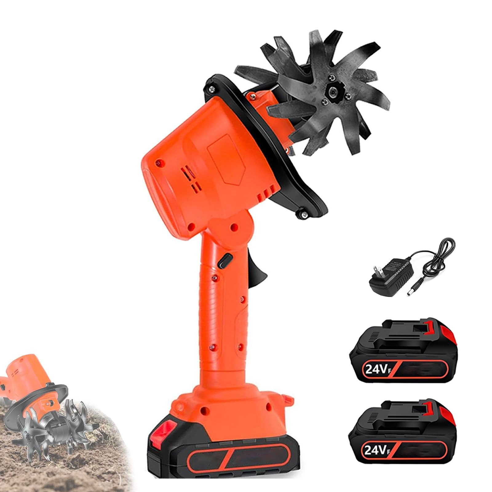 Motozappa a Batteria 24V, Motocoltivatore da Giardino con 2 Batterie 3000mAh, Zappatrice Elettrica con 4 Lame in Metallo – Larghezza 10cm, Profondità 10cm, 235 giri/min(A)