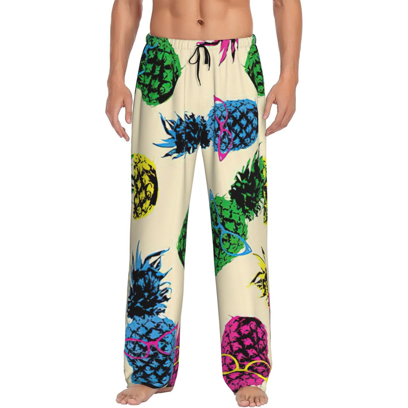 Cavedl Men's Black Retro Pineapple Pajama Pants Bottom Trousers Loungewear Nightwear Sleep Essentials