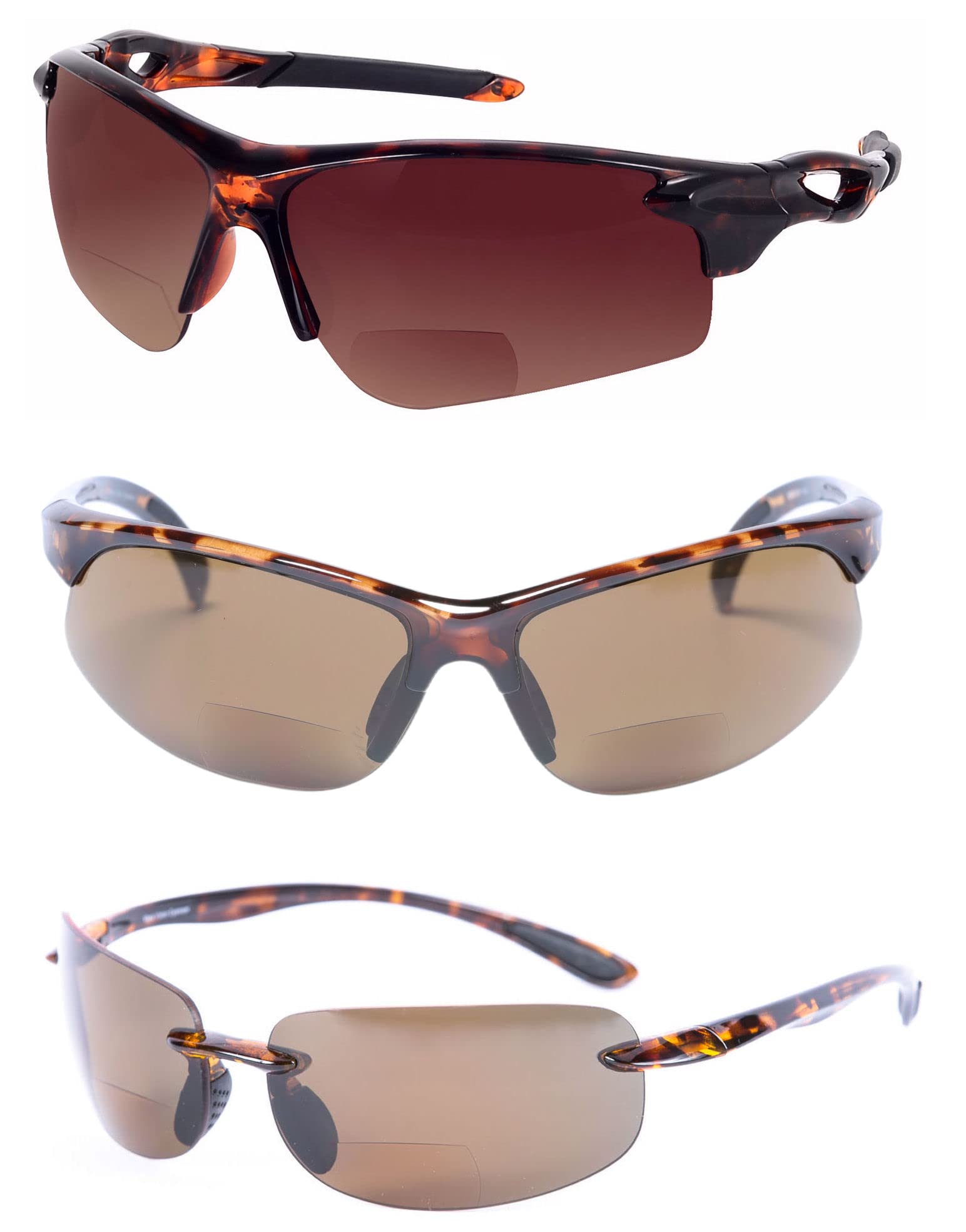 Mass Vision 'The Allstars' 3 Pair of our Most Popular Lightweight Bifocal Sport Wrap Unisex Reading Sunglasses