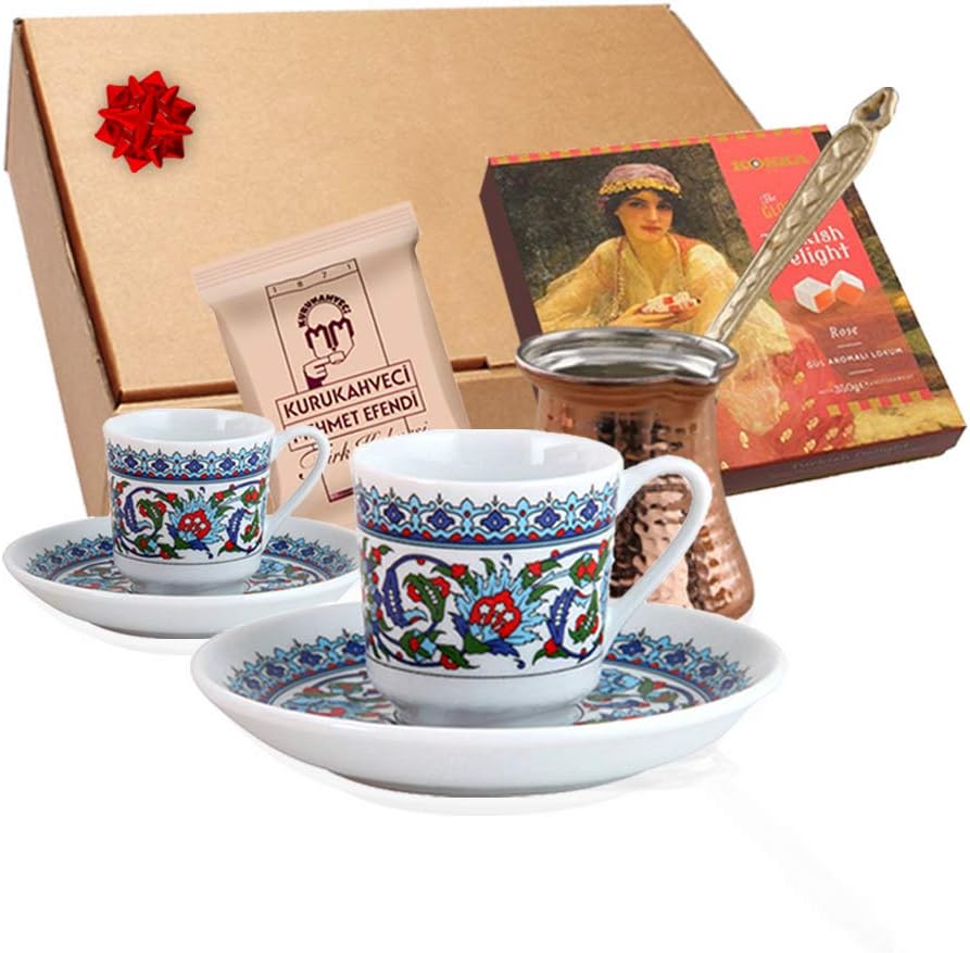 Turkish Greek Arabic Coffee Set for Two (Copper Pot/BRIKI Coffe Maker, KUTAHYA Porcelain Cups) with Turkish Delight"KOSKA Rose" and Turkish Coffee"KURU KAHVECI Mehmet EFENDI"
