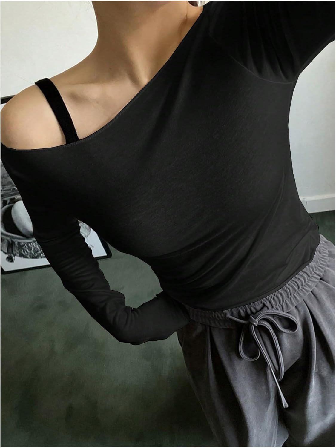QJQ Women's Sheer Mesh Off The Shoulder Tops Long Sleeve See Through Shirts Going Out Party Club Outfits - Image 3