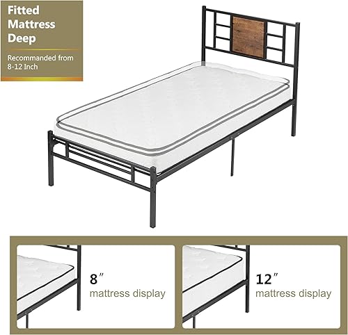Miniatura 5 de VECELO Base de cama tamaño individual con cabecero, plataforma resistente con soporte de listones de acero, no necesita somier, fácil montaje, negro