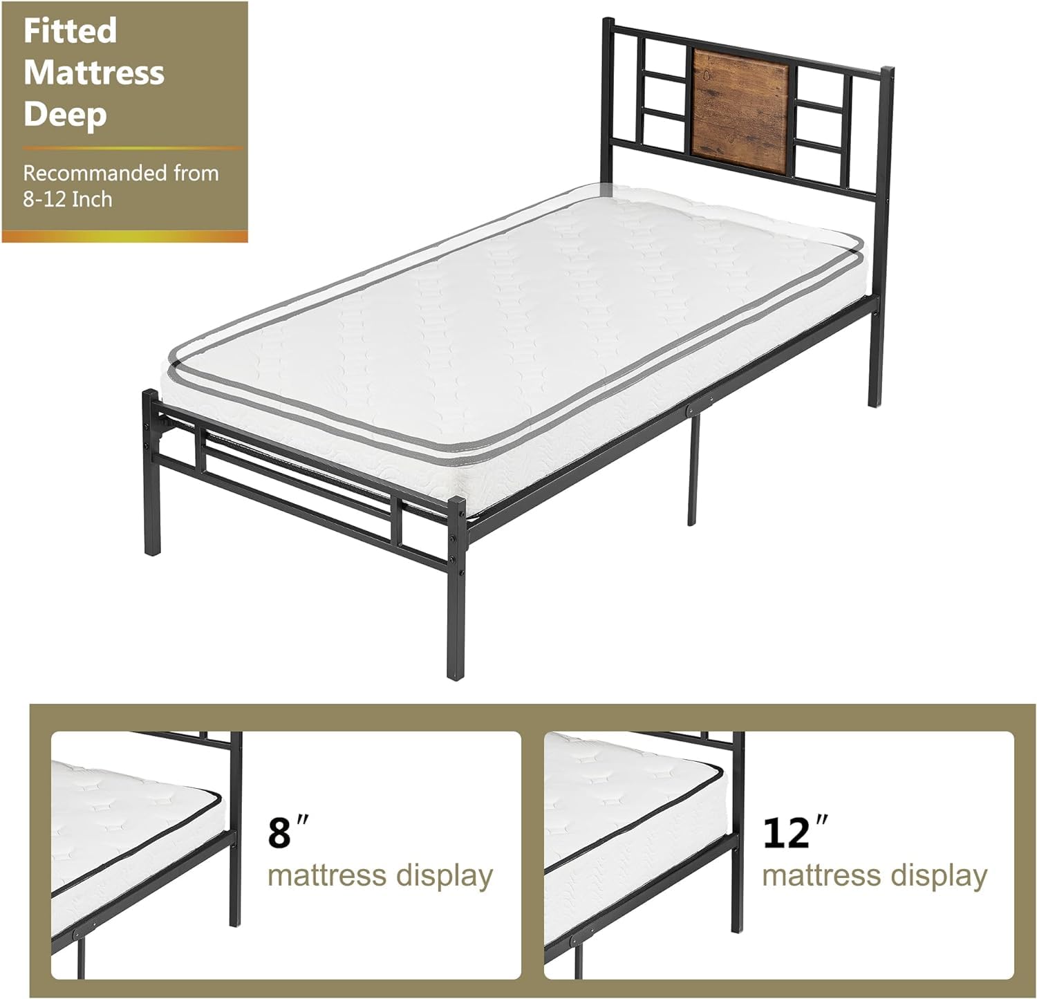 VECELO Twin Size Bed Frame with Headboard, Heavy-Duty Platform with Steel Slats Support, No Box Spring Needed/Easy Assembly, Matte Black & Brown