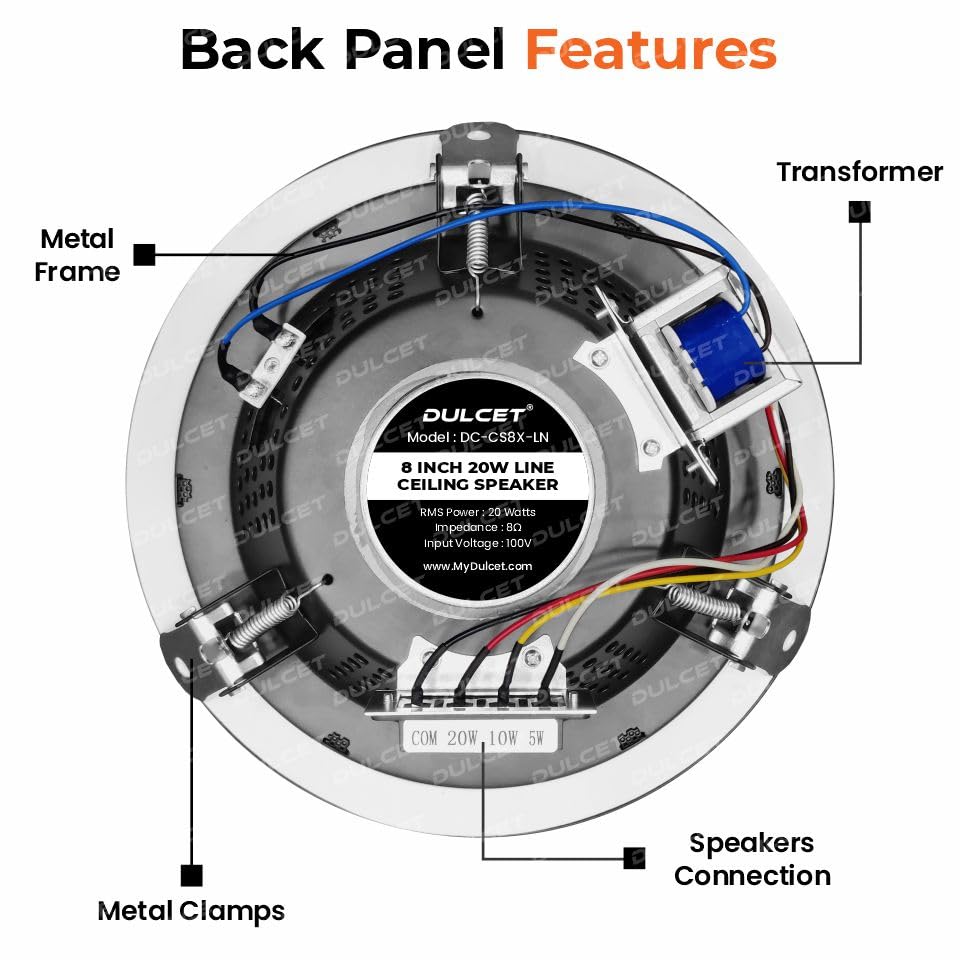 Image of DULCET DC-CS8X-LN Black 8 inch 20W Full Range 8 Ohms Line Ceiling Speaker with Dedicated 100V Constant Supply Input & Line Matching Transformer specifically for PA Amplifier with 100V line Output