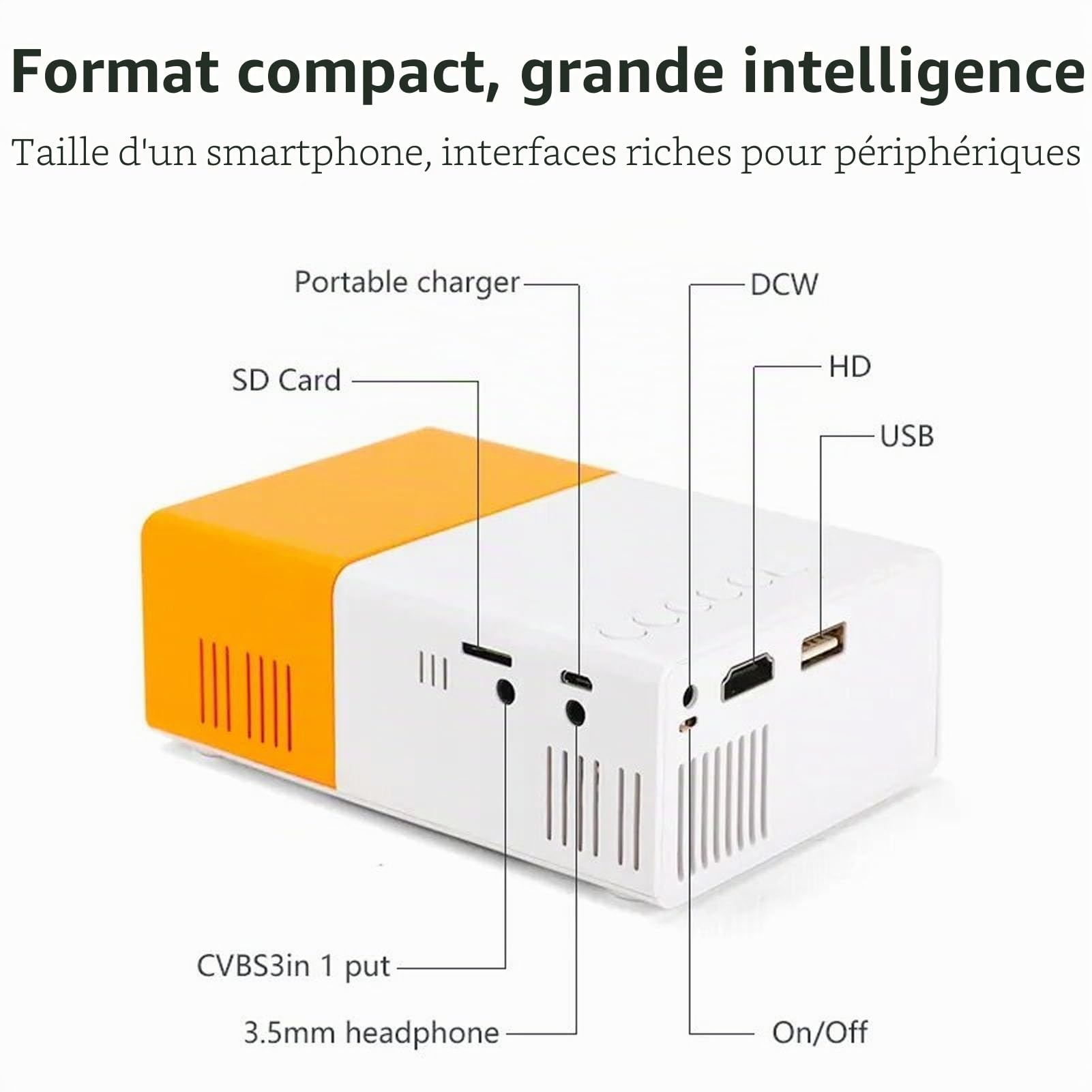 Mini Projecteur LED Portable Pleine Cinéma Maison, Vidéoprojecteur Extérieur Compatible avec Ordinateurs, Boîtiers TV, Tablettes, Chambre à Coucher avec Film Intelligent