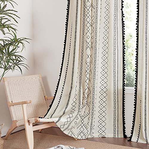 KGORGE Lot de 2 rideaux en lin de style bohème faits à la main pour chambre à coucher, salon, chambre d'enfant, décoration de fenêtre, 127 cm de large x 241,3 cm de long, blanc et noir Cover
