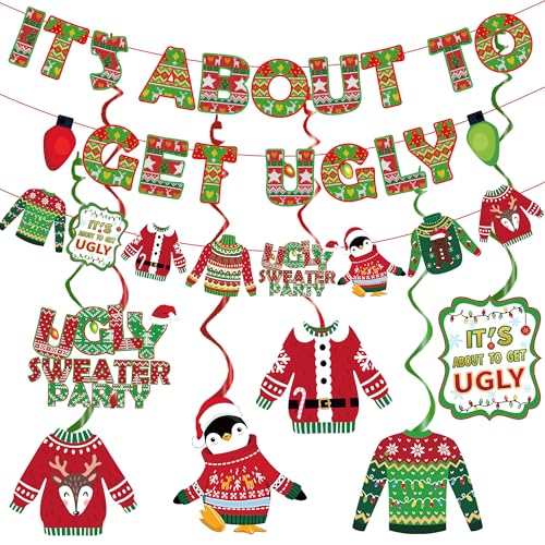 BCCSNNM Ugly Christmas Sweater Party Decorations Kit Its About to Get Ugly Banner with Hanging Swirls Sweater Cutouts for Christmas Party Supplies