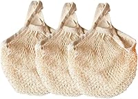 Ahyuan Reusable Cotton Mesh Grocery Bags - Pack of 3 Beige Net String Totes, Foldable Eco-Friendly Produce Bags
