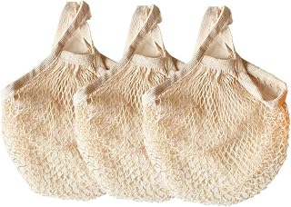 Ahyuan Reusable Cotton Mesh Grocery Bags - Pack of 3 Beige Net String Totes, Foldable Eco-Friendly Produce Bags