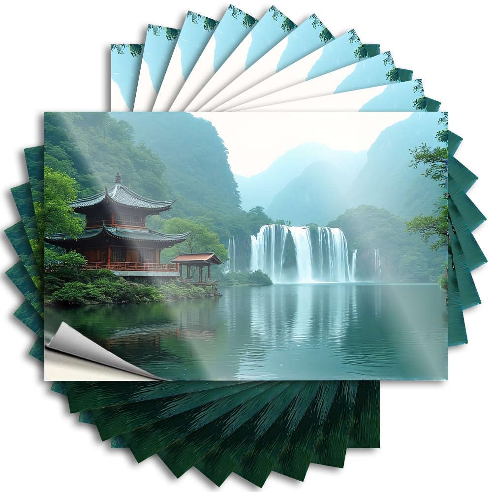 A Serene Landscape Featuring A Traditional Pavilion, Lush Greenery Patio Bar Accessories Billiards DIY | Coastal Sticker Water Removable Vinyl Sticker Decal(6X9CM)