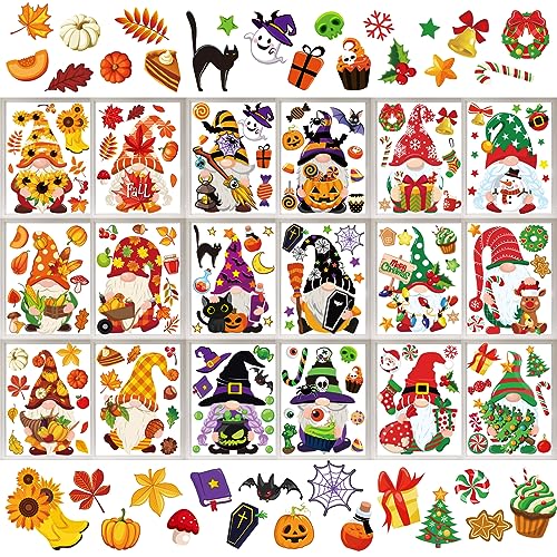 Whaline 204Pcs Fall Christmas Halloween Gnome Window Clings Colorful Cute Gnomes Pumpkins Bat Xmas Tree Window Decals Double-Sided Window Stickers for Autumn Thanksgiving Home Classroom Decor