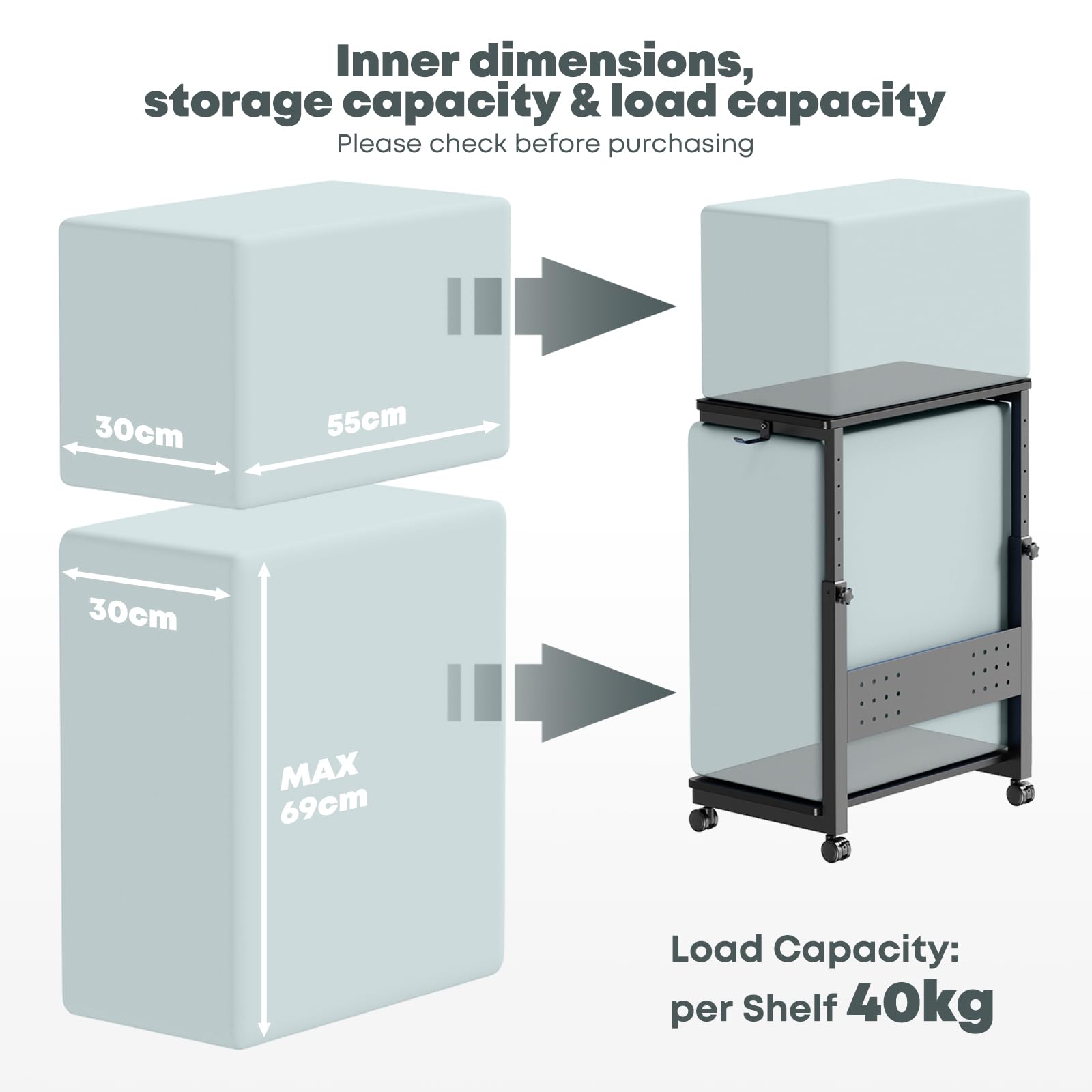 Stojak na wieżę komputerową na kółkach – regulacja wysokości od 50,5 cm do 80,5 cm, 2-poziomowy stojak na komputer z kółkami i podkładką pod mysz, maks. obciążenie na poziom 40 kg, do gier, biura
