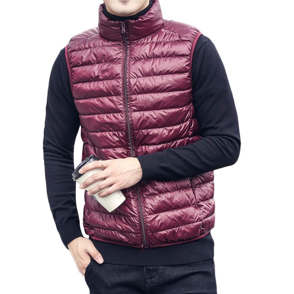Yaott Men's Wine Red Down Puffer Gilet Vest Ultralight Quilted Waistcoats Sleeveless Winter Coats M