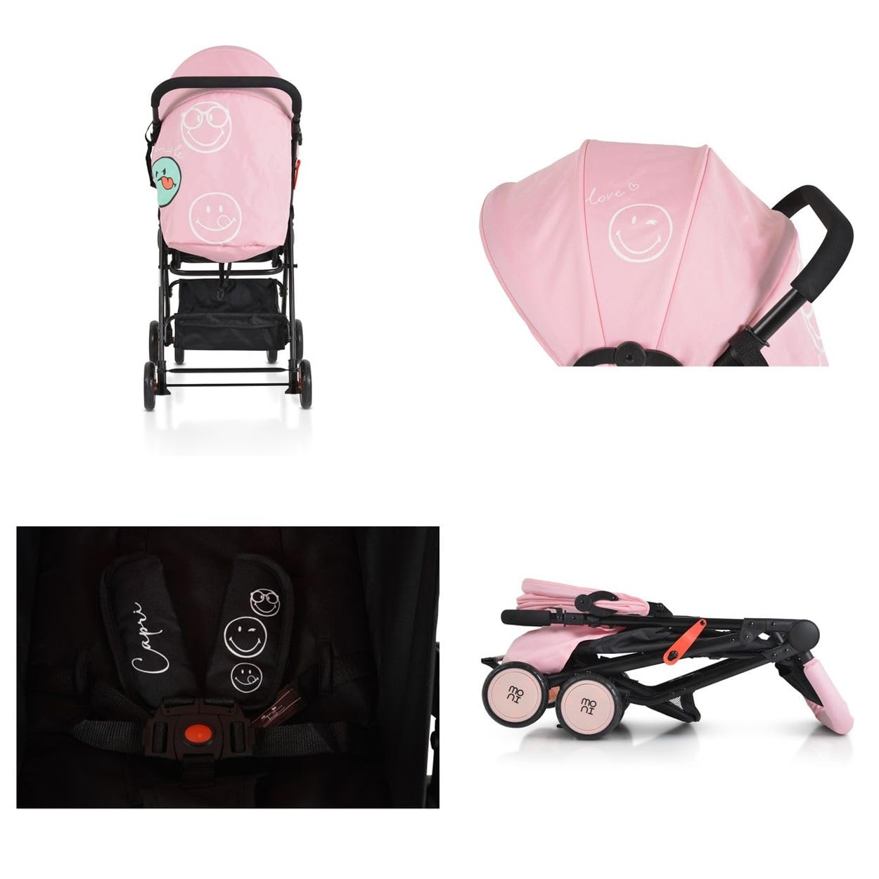 Moni, Poussette, Buggy Capri Pliable, Ceinture de Sécurité, Dossier Règlable, Rose