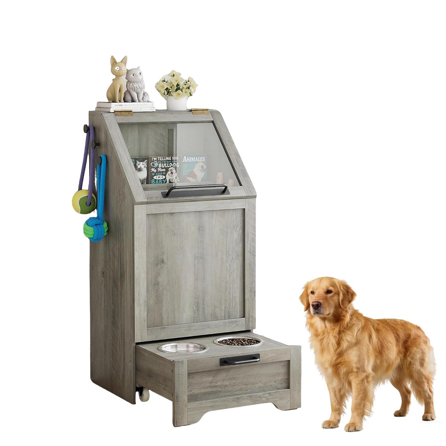 IDEALHOUSE Estación De Alimentación para Perros con Armario De Almacenamiento 11kg - Cuencos Elevados De Acero Inoxidable y Depósito Hermético con Tapa Abatible - Madera para Salón o Cocina (Gris)