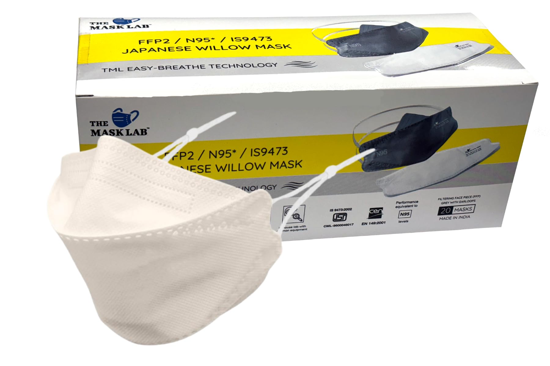 High Filtration FFP2/ N95* Japanese Willow Face mask (for men and women) ISI CML-9600046017 and CE Notified 2233 (Pack of 20, Beige (WITH ADJUSTABLE EARLOOPS))
