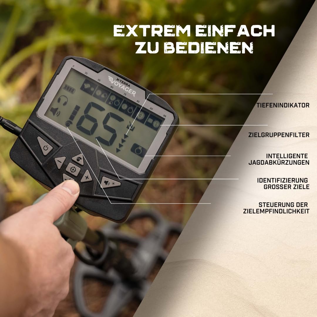 Minelab X-Terra Voyager - All-Terrain Profi-Metalldetektor für Erwachsene mit wasserdichter Suchspule, 4 Modi, klarer Ziel-ID, Kopfhörern, Rucksack und Schaufel - (Forrest, Grün)