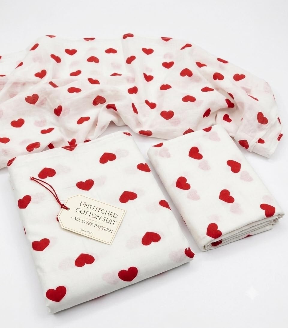 White Cotton Fabric with Red Heart Print Kurti Fabric | Heart Pattern, Soft , White & Red, Swaddle Wrap, Baby Friendly-image-32