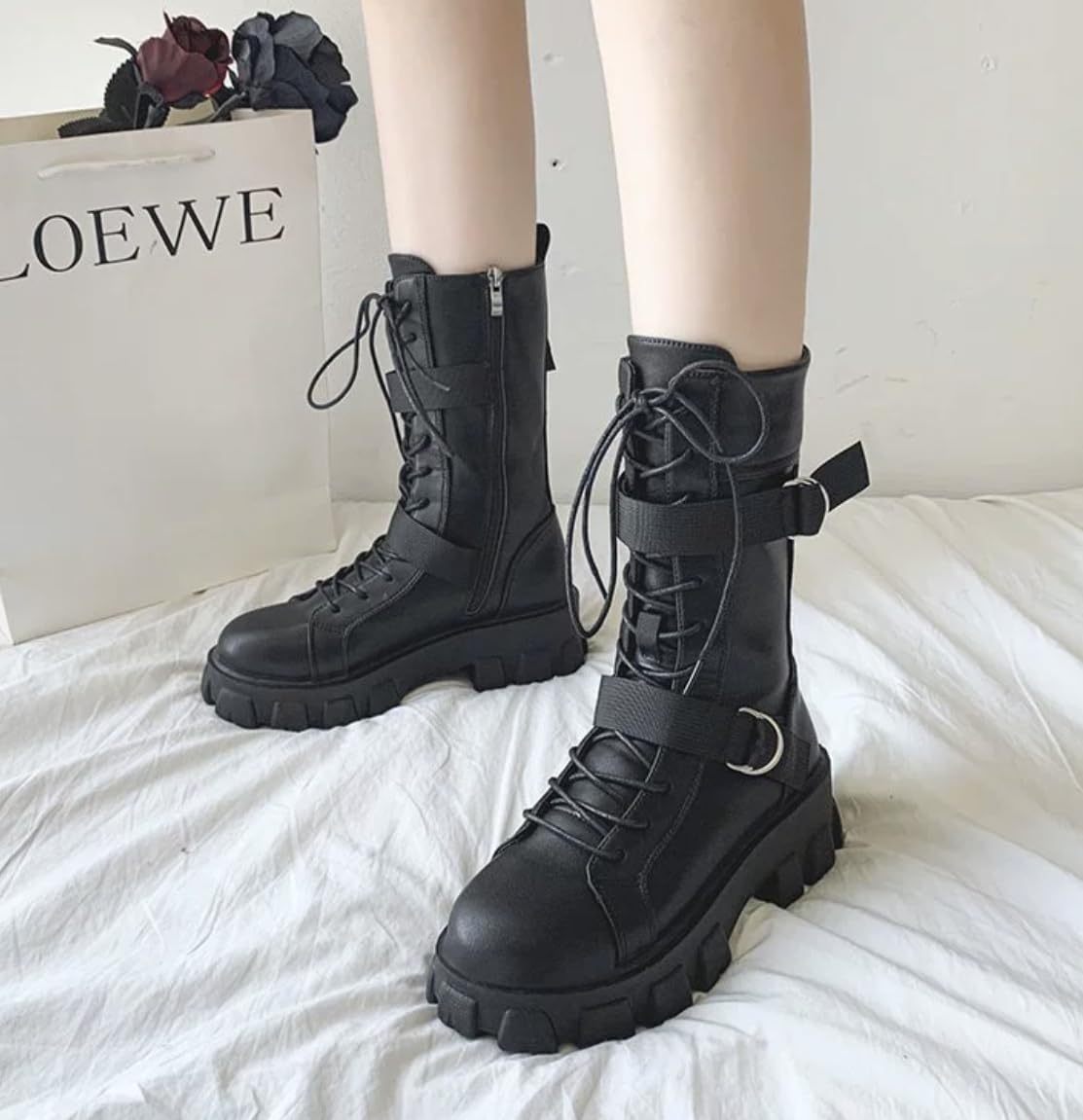 Damen Goth Plattform Stiefeletten Schnallen Chunky Block Keil Seite Reißverschluss Heels Runde Zehe Punk Motorrad Bequeme Kurze Gothic Booties High Heel Lace Up Studded Stacked
