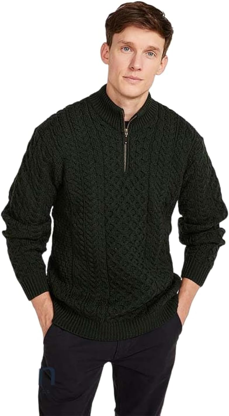 Aran Sweater in Merino Wool with Half Zip by Aran Woollen Mills