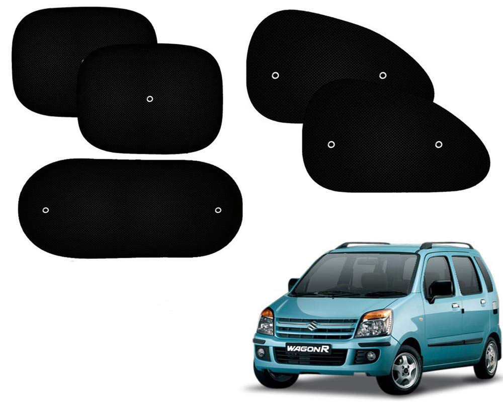 Universal Hub Car Window Sunshades with Vacuum Cups Black Set of 5 for Maruti-Wagon-R-2006-2009