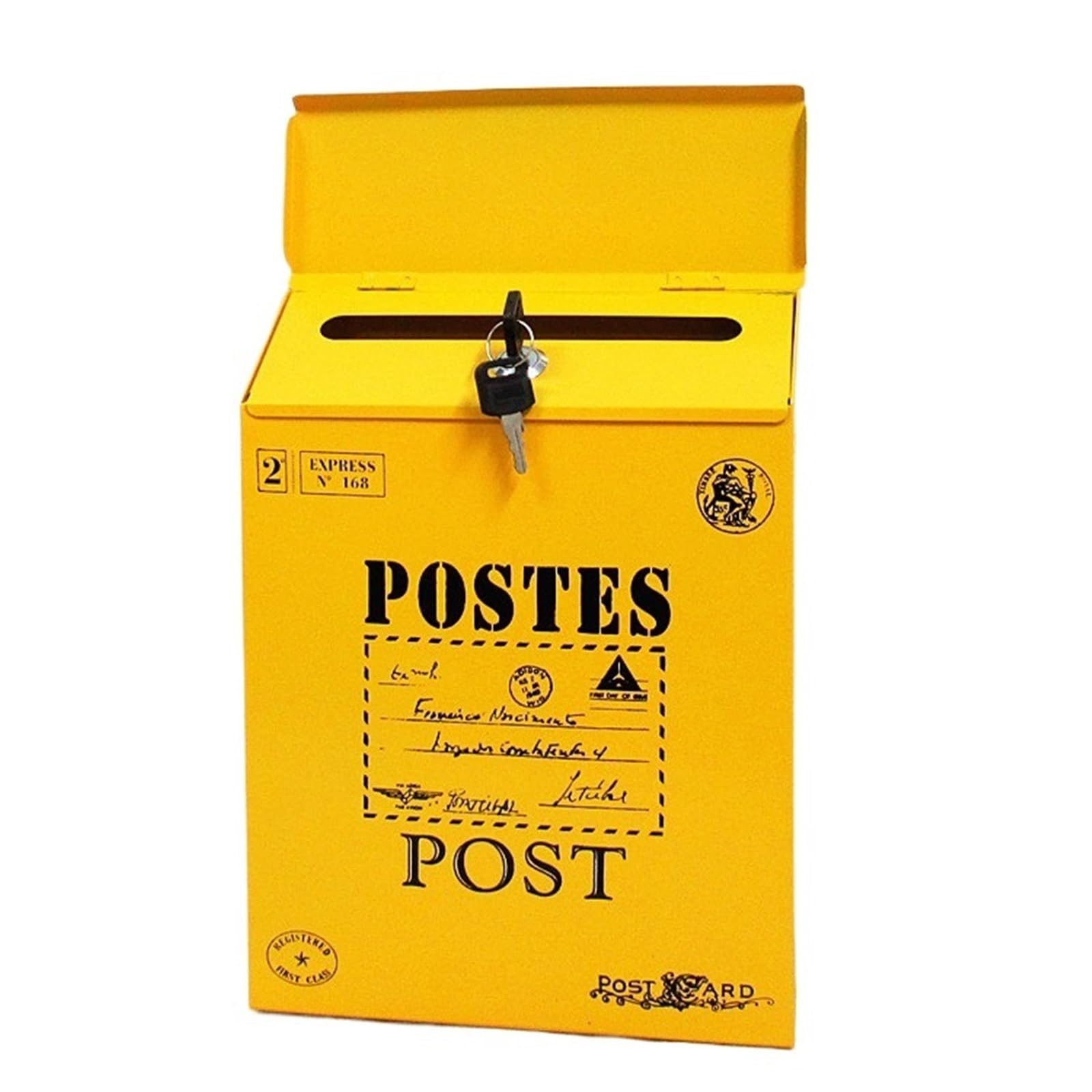 Locking Mail Box for Outside, Decorative Iron Wall Mount Mailbox & Magazine Holder Outdoor Multicolor(Yellow Type1)